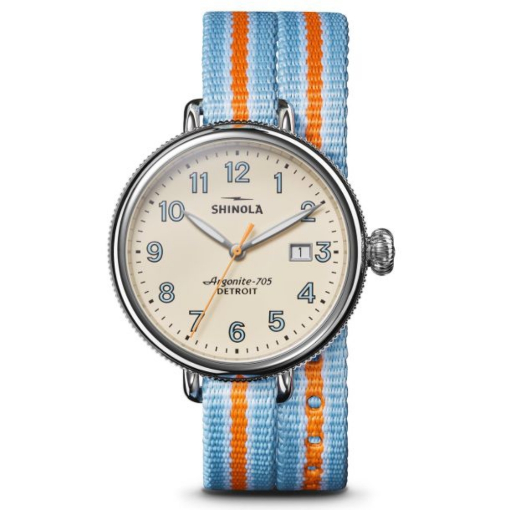 🌼 NWT Shinola Birdy blue, white + orange reversible nylon strap watch